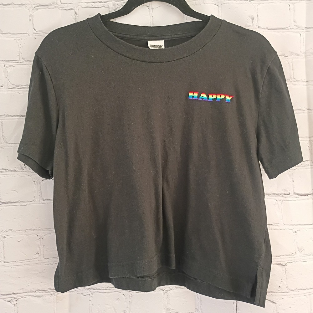 PINK Victorias Secret Black Rainbow Happy Embroidered Crop T-Shirt Womens XS